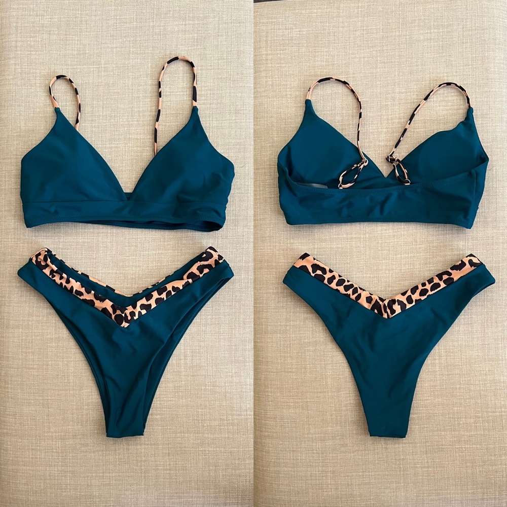 Blueish Green Leopard Print Padded Bikini Swimsuit